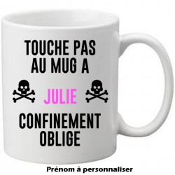 Mug blanc Touche pas au mug de prénom à personnaliser confinement