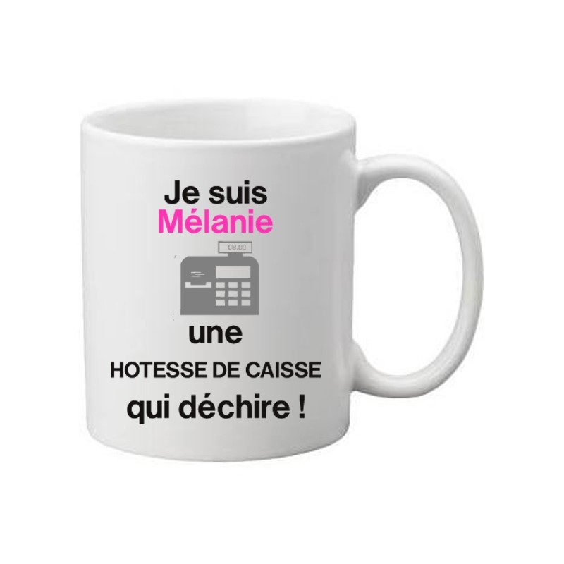 Mug blanc je suis un(e) hote(esse) de caisse prénom à personnaliser qui déchire